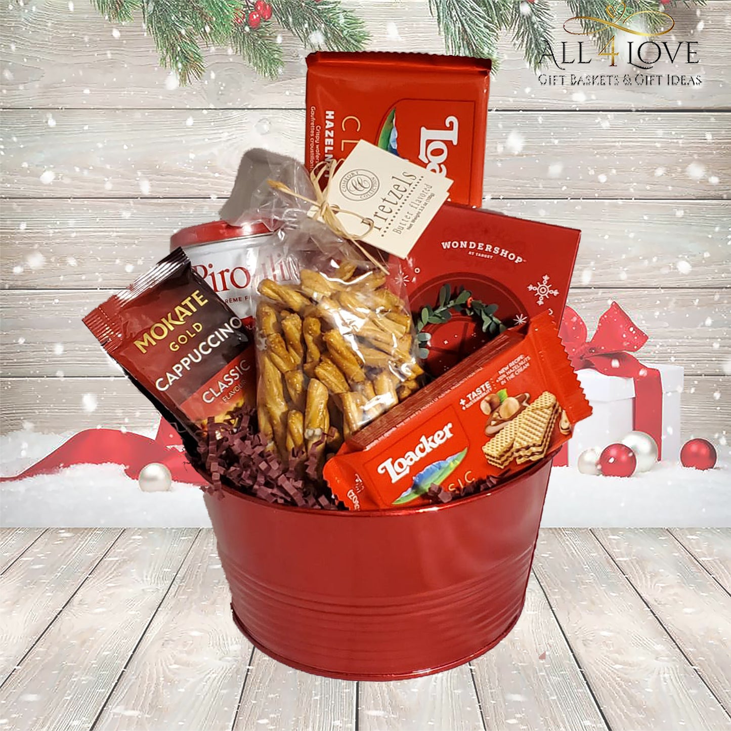 Red tin basket with assorted crispy treats