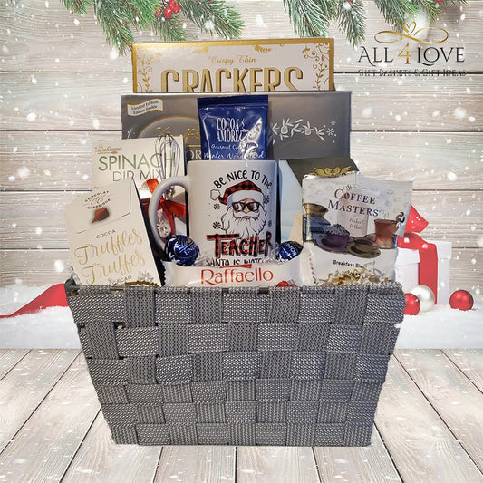 Wicker basket with mug and assorted treats