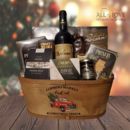 Rustic wooden bucket with wine, Brie, crackers