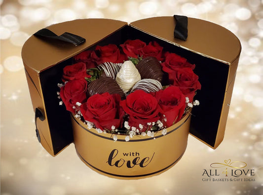 Golden container with red roses and chocolate covered strawberries