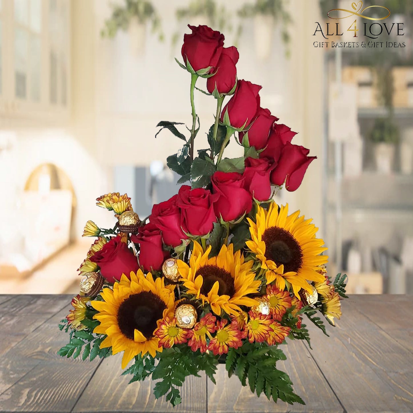 Sculpture of sunflower base and red roses stacked at differing heights