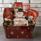 Gold and rest basket featuring a variety of delicious products