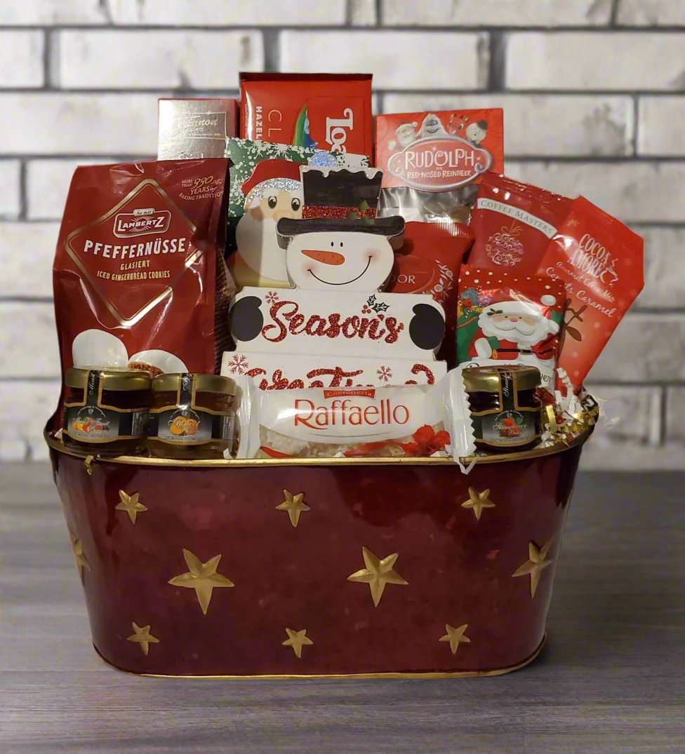 Gold and rest basket featuring a variety of delicious products