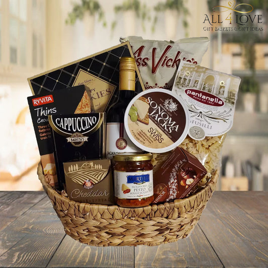 Chips, cookies, crackers and cheese in a wicker basket