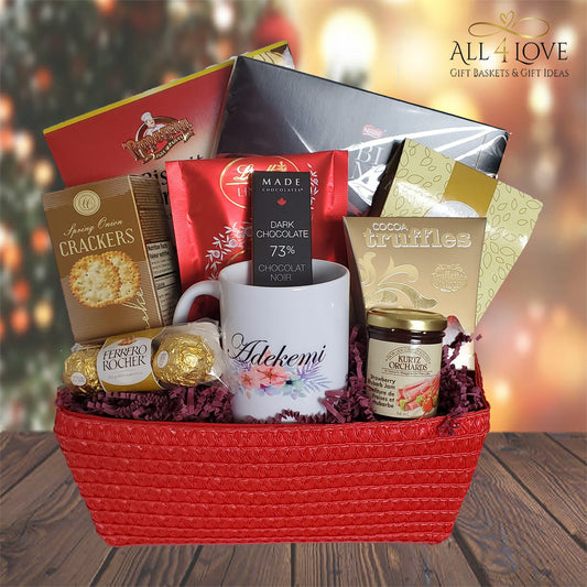 Red basket with mug biscuits and treats