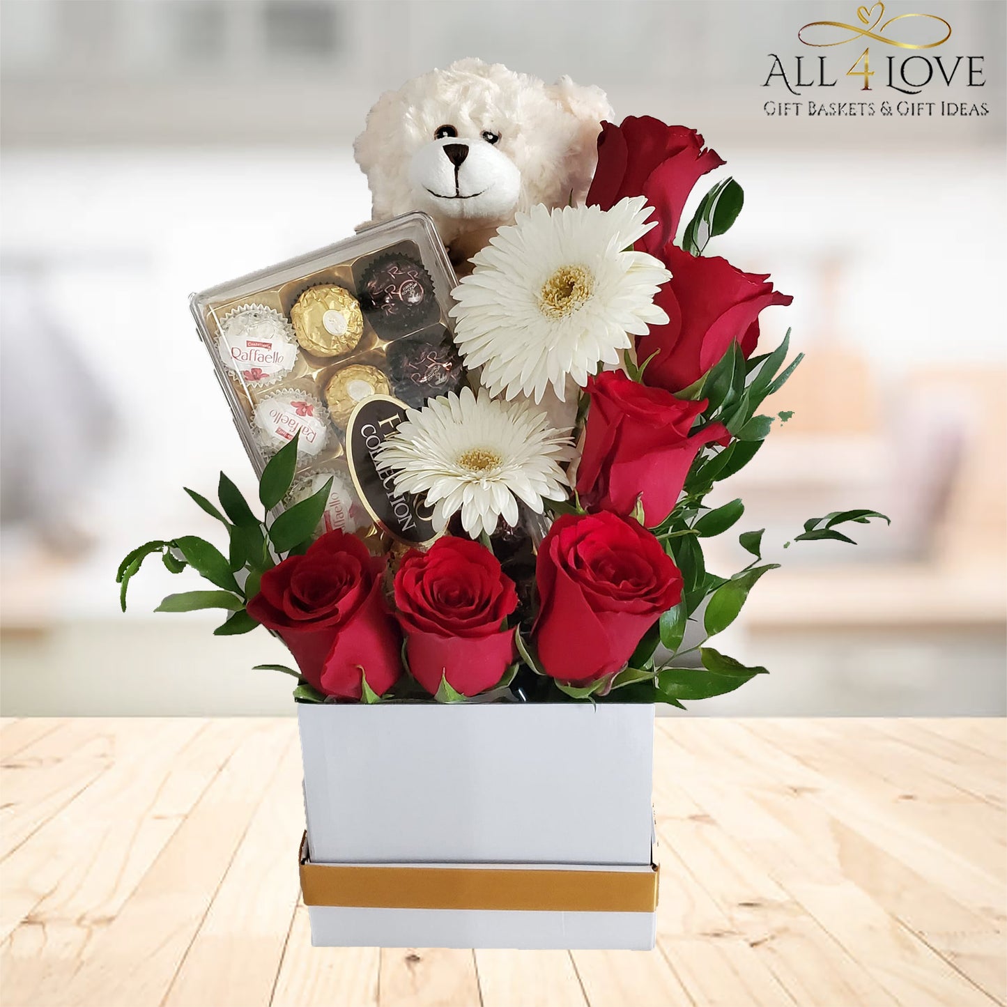 Teddy, red roses and chocolates