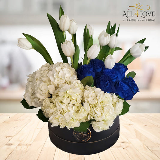 Royal blue roses with white tulips