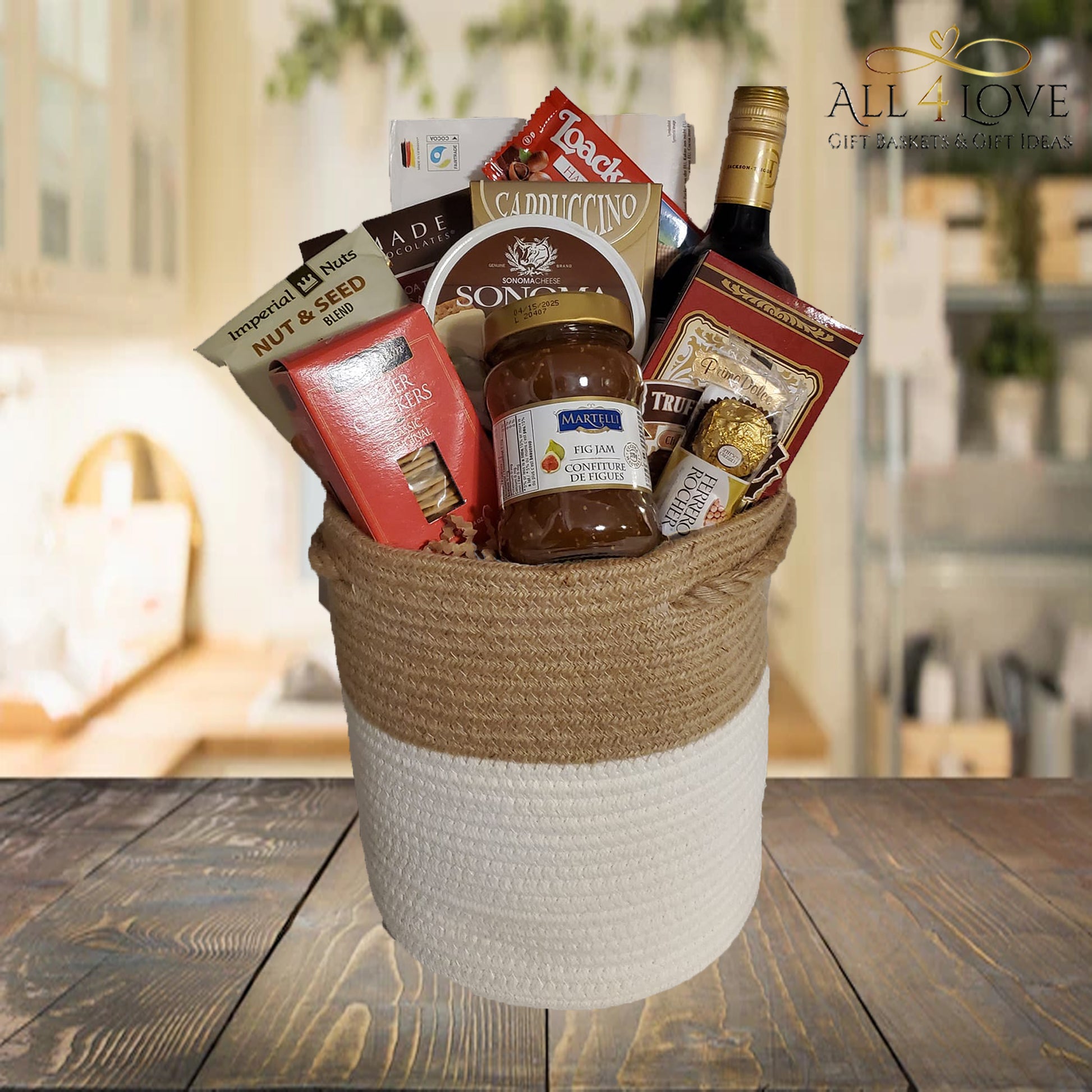 Wicker basket full of wine, cheese and treats