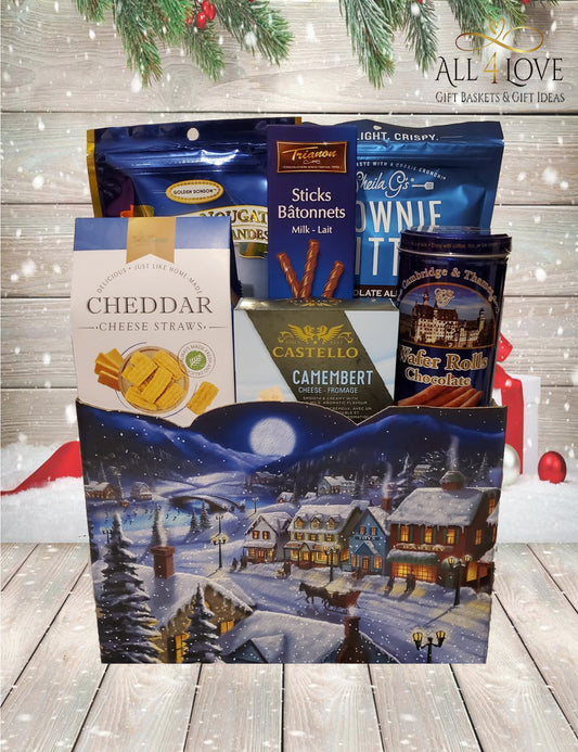 Winter village box holding blue packaged treats